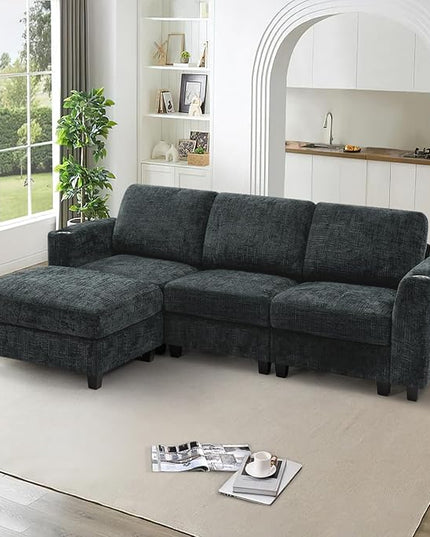 87" Chenille Sectional Sofa with Movable Ottomans, Modular L-Shape Couch with Cup Holders, Convertible 3 Seater Sofa with Well-Filled Backrest Cushions for Living Room, House, Grey