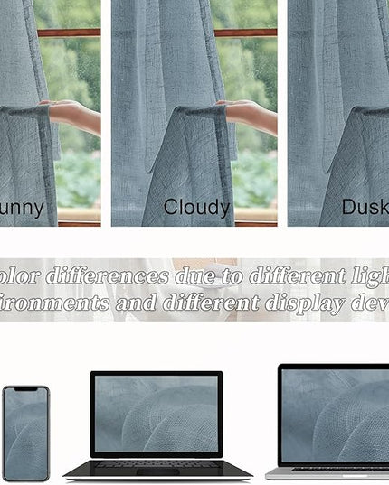 DUALIFE Dusty Blue Extra Long Sheer Linen Curtain Panels 108 Inches for Living Room Back Tab Rod Pocket Light Filtering Farmhouse Semi Sheer Linen Curtains for Large Tall Window, 52x108 2 Panels