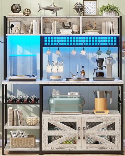 Itaar 47.2 Inch Bakers Rack with Power Outlet, Microwave Stand with Storage, Farmhouse Coffee Bar Cabinet Station with Wine Rack, Iron Mesh and 8-S Hooks, Vintage White
