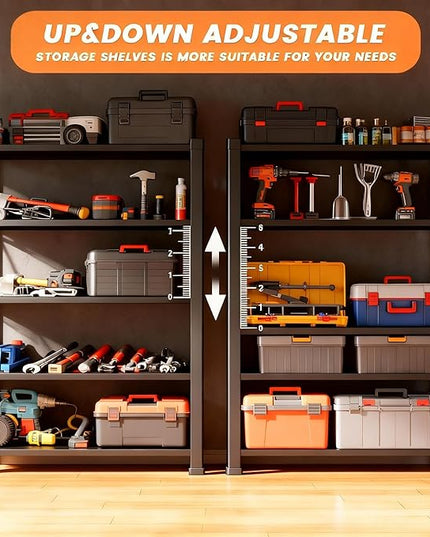 Garage Shelving Unit, Heavy Duty Metal Adjustable Storage, Steel Shelves, Industrial Shelves for Heavy Tools and Equipment, Ideal for Garage, Basement, Black (5-Tier, 72" H x 47.2" W x 23.6" D)