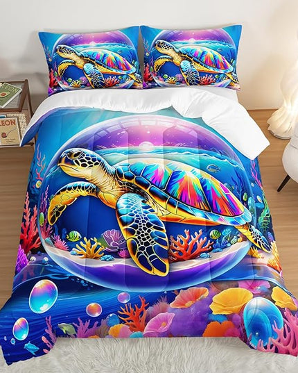 Sea Turtle Comforter Set Full Size,Colorful Underwater World Toddler Bed Comforter Set,Coastal Bedding for Kids Boys Girls Room Decor with 2 Pillowcases.