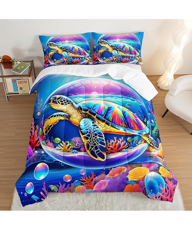 Sea Turtle Comforter Set Full Size,Colorful Underwater World Toddler Bed Comforter Set,Coastal Bedding for Kids Boys Girls Room Decor with 2 Pillowcases.