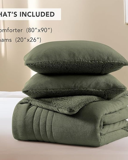 Monbix Fluffy Full Comforter Set Olive Green, Sherpa Plush Fuzzy Comforter 3 Piece for Full Size Bed, Luxury Soft Winter Warm Bedding Set