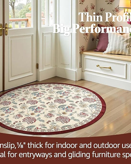 jinchan Elora 4ft Floral Round Rug for Entryway Washable Rug Vintage Romance Christmas Design Non Slip Indoor Doormat Lightweight Low-Profile Throw Carpet for Living Room Dining Room, Red/Beige