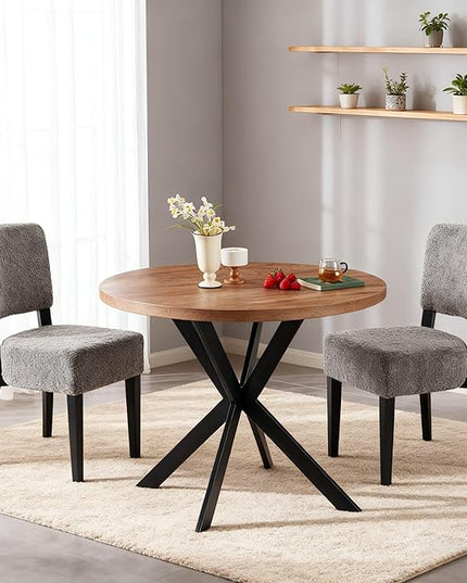 3 Piece Dining Table Set,Small 37" Round Kitchen Table Set for 2, Mid Century Modern Circle Coffee Set for Dining Room Kitchen Apartment, Space Saving (Wooden Table + 2 Grey Chairs)