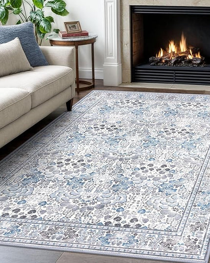 4x6 Modern Rug for Farmhouse, Grey Blue Super Soft Washable Rug with Non-Slip, Low-Pile Indoor Door Area Rugs for Living Room Bedroom, Carpet with Non-Shedding