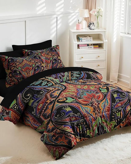 Nesker 7 Pcs Comforter Set Full Size, Paisley Boho Plant Bedding Set for Kids and Adults, Bohemian Retro Floral Bed Sheet Sets with Fitted Sheet 2 Pillowcases & 2 Shams