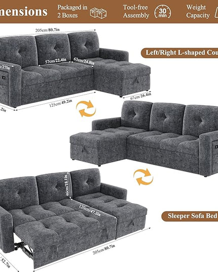 HIFIT LED Sectional Sleeper Sofa with Pull Out Couch Bed, Convertible L Shaped Sofa w/Storage Chaise, Adjustable Backrest & USB, 80'' Comfy Chenille Sectional Couch for Living Room Apartment, Grey