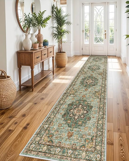 Washable Oriental Hallway Runner Rug - 3x14 Rugs for Living Room Soft Carpet for Bedroom Kitchen Waterproof Floral Distressed Indoor Stain Resistant Non-Shedding Floor Carpets (Green, 3X14)