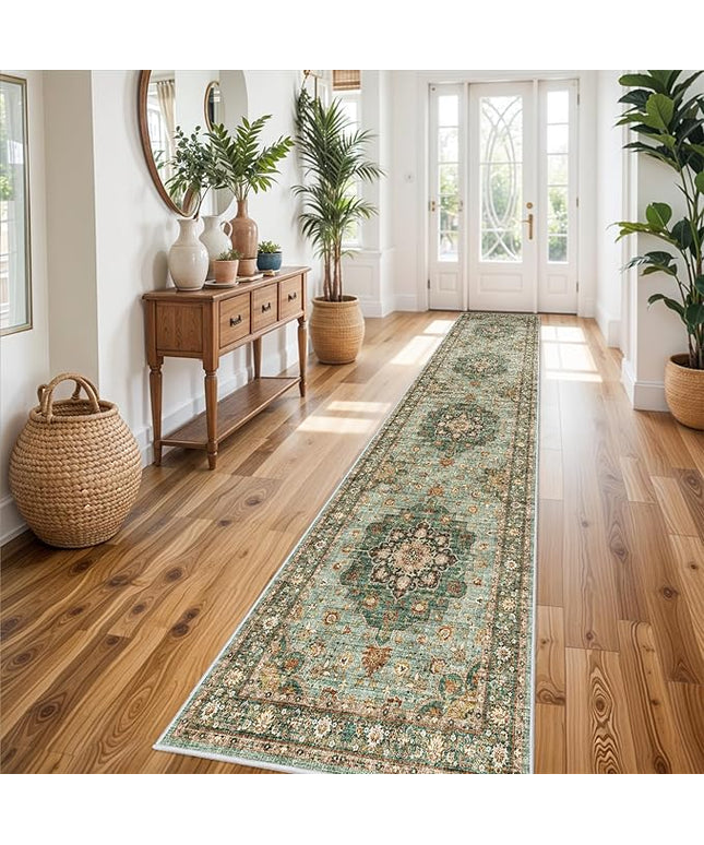 Washable Oriental Hallway Runner Rug - 3x14 Rugs for Living Room Soft Carpet for Bedroom Kitchen Waterproof Floral Distressed Indoor Stain Resistant Non-Shedding Floor Carpets (Green, 3X14)