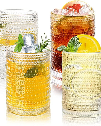 Hobnail Drinking Glasses Set of 4, 16 Oz Vintage Embossed Glass Cup Water Glasses Kitchen Glassware for Cocktails, Beer, Juice, Whiskey
