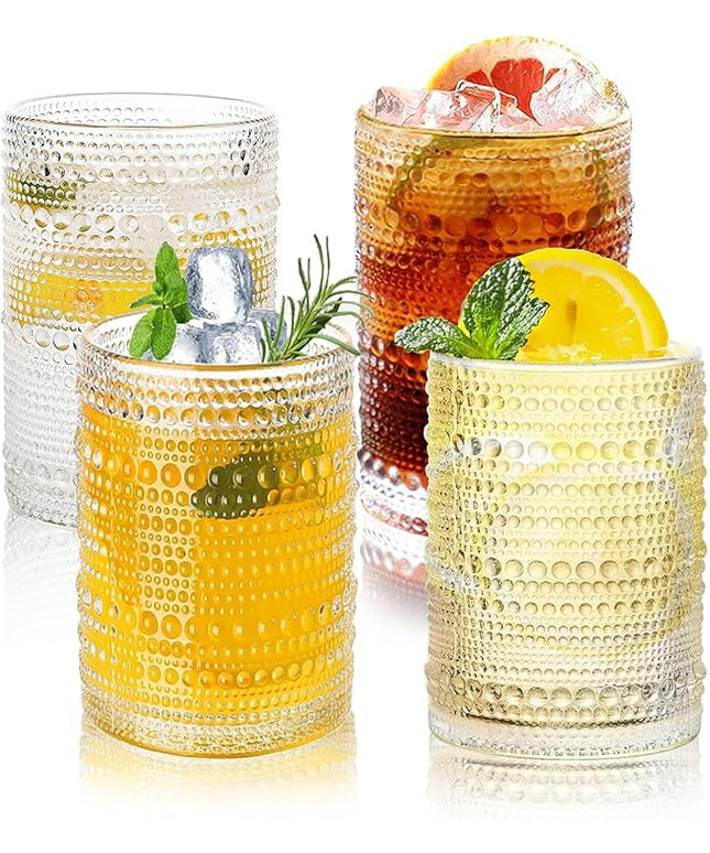 Hobnail Drinking Glasses Set of 4, 16 Oz Vintage Embossed Glass Cup Water Glasses Kitchen Glassware for Cocktails, Beer, Juice, Whiskey