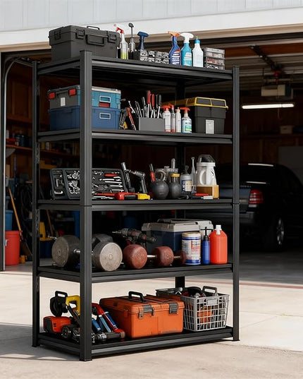 Storage Shelves, Garage Metal Shelving Unit, Adjustable, Double-Layer Column with Reinforced Ribs, Heavy-Duty, Capable of Bearing 600-3600 lbs (Balck, 63 * 39 * 20, 5-Tier)