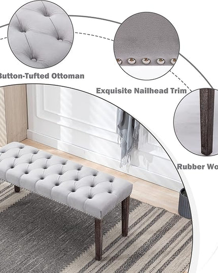 KCC Button-Tufted Ottoman Bench, Upholstered Bedroom Benches Velvet Footrest Stool Accent Bench for Entryway Dining Room Living Room Bedroom End of Bed, Gray