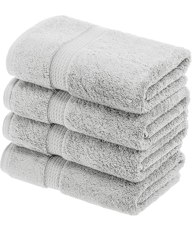 Superior Egyptian Cotton Pile Hand Towel Set of 4, Ultra Soft Luxury Towels, Thick Plush Essentials, Absorbent Heavyweight, Guest Bath, Hotel, Spa, Home Bathroom, Shower Basics, Silver