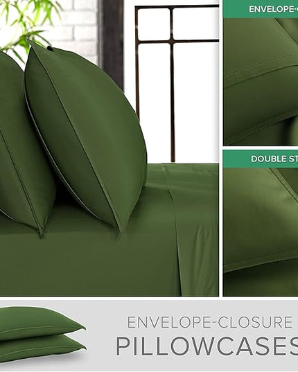 Pure Bamboo Queen Sheets, Genuine 100% Organic Viscose Derived from Bamboo Bed Sheet Set, Luxuriously Soft & Cooling, Double Stitching, 2 Year Quality Promise (Queen, Pesto)