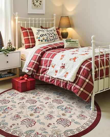 jinchan Elora 5ft Floral Round Rug for Entryway Washable Rug Vintage Romance Christmas Design Non Slip Indoor Doormat Lightweight Low-Profile Throw Carpet for Living Room Dining Room, Red/Beige