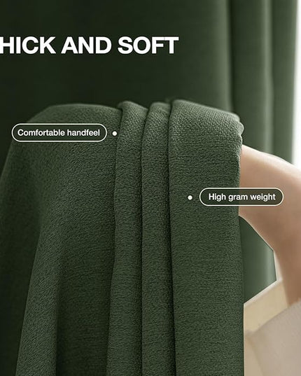 100% Blackout Curtains Thick Soft Curtain 2 Panels Green for Bedroom, Linen-Look Textured Full Light Blocking Room Darkening Thermal Insulated Drapes for Windows (W52xL45, Olive)