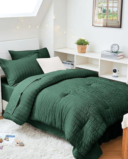 HYMOKEGE Emerald Green Twin XL Comforter Set Seersucker 5 Pieces, All Season Luxury Bed in a Bag for Bedroom, Bedding Set with Comforter, Sheets, Pillowcase & Sham