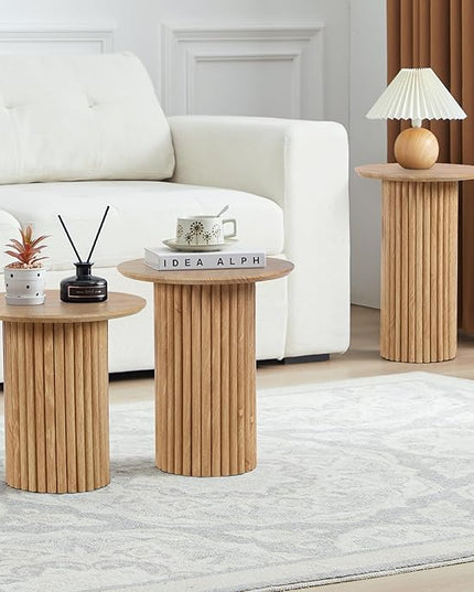 Round Nesting Coffee Table Set of 3,Mid Century Modern Fluted Coffee and End Table Set,Small Circle Wooden Side Table Drink Table for Living Room (Natural)