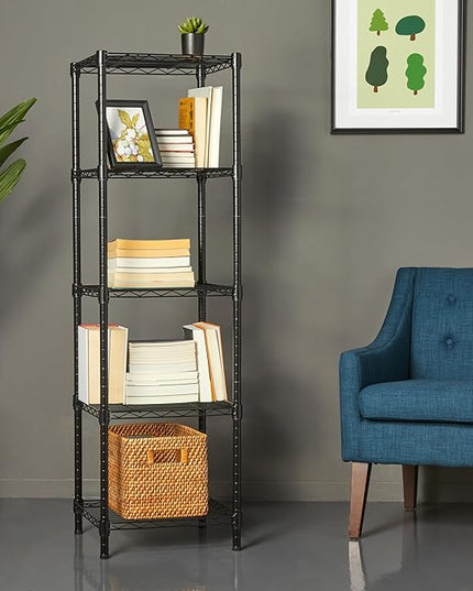 Amazon Basics 5-Shelf Tower Adjustable Storage Shelving Unit, Black, 16 D x 16 W x 54 H in