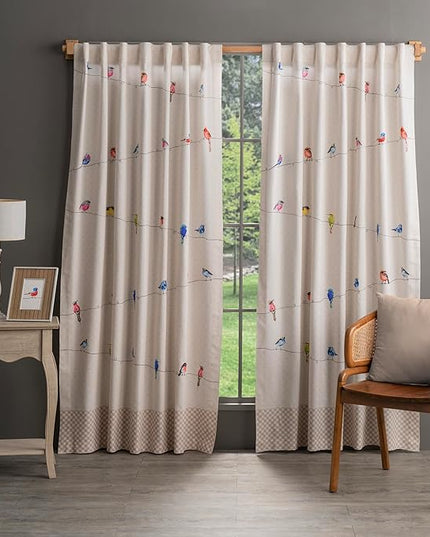 Maison d' Hermine Curtains for Living Room 100% Cotton 124 inch Length Two Panels Light Filtering Curtains for Bedroom Windows with Rod and Loop Pockets Drapes (Birdies On Wire, 50" W x 124" L)