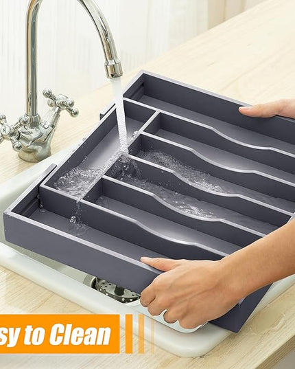 Kitchen Silverware Drawer Organizer and Storage Bamboo Wood Cooking Utensil Holder Cutlery Knife Jewelry Spice Rack Spoon Fork Multi Cabinet Organization Bathroom Counter Expandable Adjustable Tray