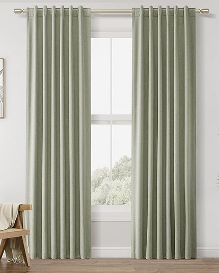 Sage Green Linen Blackout Curtains 42 Inch Wide by 84 Inch for Living Room Bedroom Back Tab Thermal Insulated 100% Black Out Linen Drapes Room Darkening Window Curtains