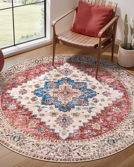 Ciicool Boho Area Rug 4x4ft Round Washable Bedroom Non-Slip Vintage Entryway Throw Low-Pile Indoor Carpet for Living Room Foyer