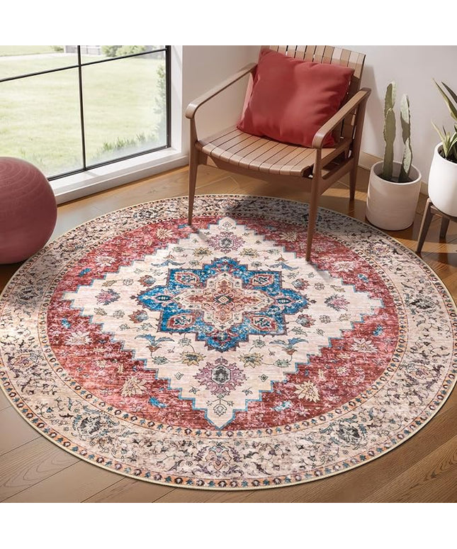 Ciicool Boho Area Rug 4x4ft Round Washable Bedroom Non-Slip Vintage Entryway Throw Low-Pile Indoor Carpet for Living Room Foyer