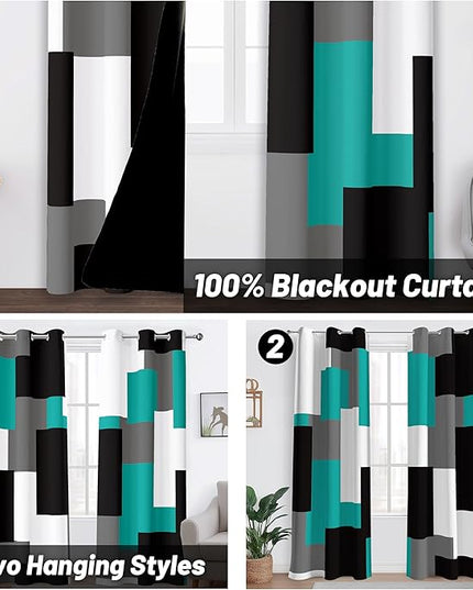 Teal/Turquoise 100% Blackout Curtains for Bedroom 84 inch Length 2 Panels Set White Grey Modern Abstract Geometric Black Out Curtains Room Darkening Window Drapes for Living Room, 42Wx84L