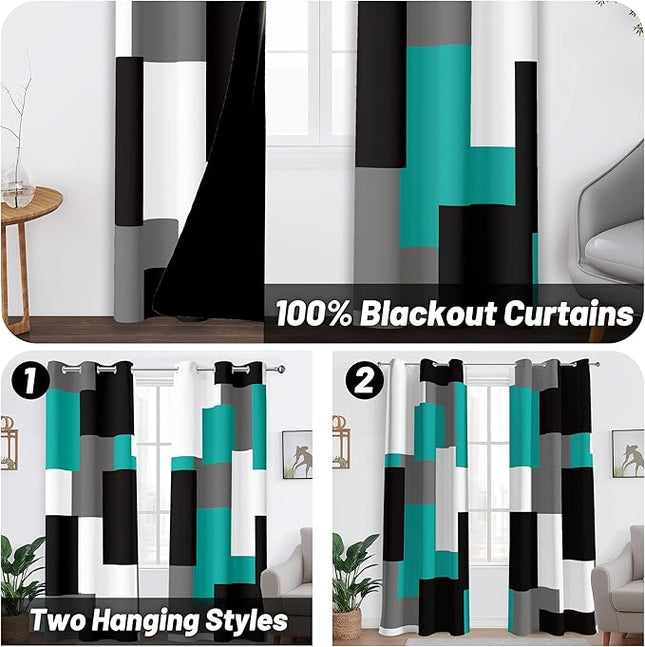 Teal/Turquoise 100% Blackout Curtains for Bedroom 84 inch Length 2 Panels Set White Grey Modern Abstract Geometric Black Out Curtains Room Darkening Window Drapes for Living Room, 42Wx84L