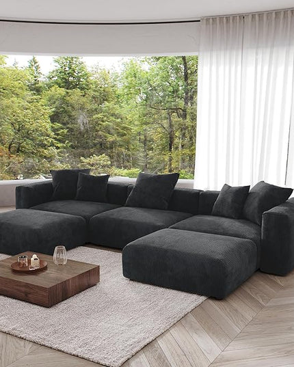 JACH 141" Oversized Modular Sectional Sofa, Deep 3-Seats Sectional Couch with Chaise Ottomans, Huge Plus Convertible Soft Sofas, Corduroy Minimalist Couches for Living Room, Apartment, Black