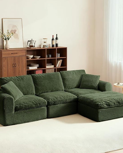 108” Modular Sectional Sofa Couches L Shaped Couch 3 Seater Cloud Sofa Memory Foam Sectional Couches for Living Room, Boneless Couch with Ottoman, Corduroy, Green