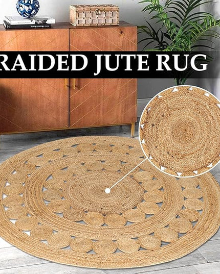 Hand Woven Jute Area Rug - 4' Round - Rustic Beige Reversible Farmhouse Rugs for Bedroom, Kitchen, Living Room - Vintage Natural Braided Entry Floor Décor Circle Boho Round Rugs 4 feet