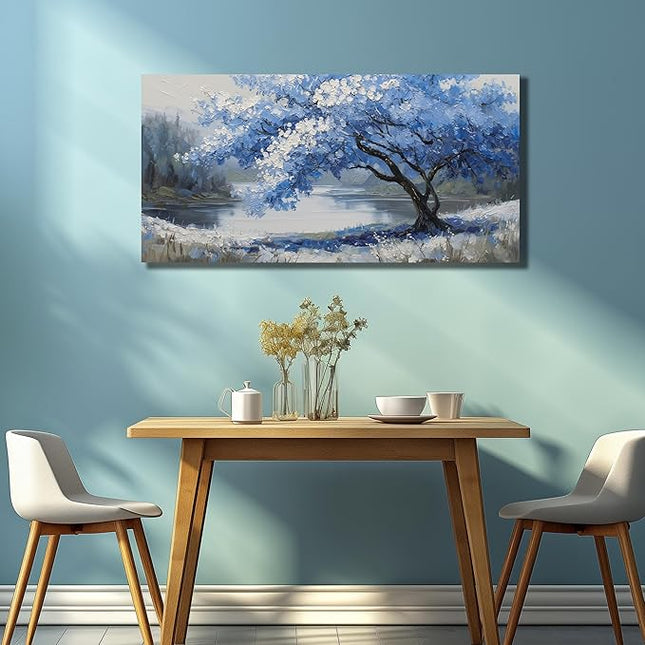 JuhaiArt Blue Wall Art White Picture Art Scenery Wall Decor Tree Wall Art Canvas for Living Room Bedroom Home Office Prints Gray Artwork 24" x 48"