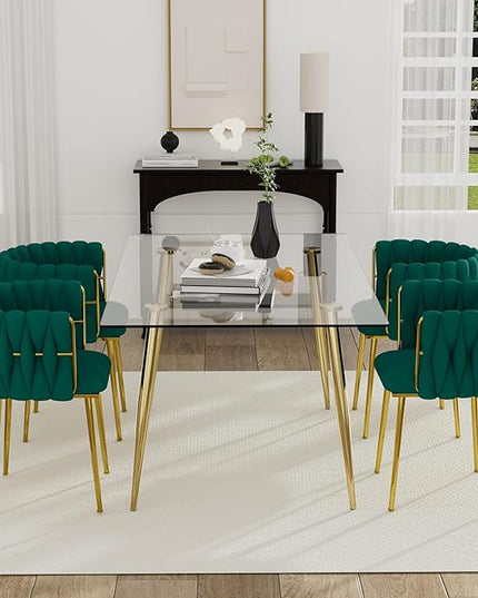 5 Pieces Modern Gold Dining Table Set, 63'' Large Luxury Rectangle Kitchen Table Set, 4 Person Clear Glass Top Minimalist Dinner Table Set, Green Woven Chair, for Home Apartment