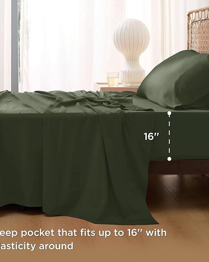 Bedsure Cooling Sheets Twin, Rayon Derived from Bamboo, Breathable & Soft Twin Sheets Set, Deep Pocket Up to 16 Inches, Hotel Luxury Silky Bedding for Hot Sleepers, Olive Green
