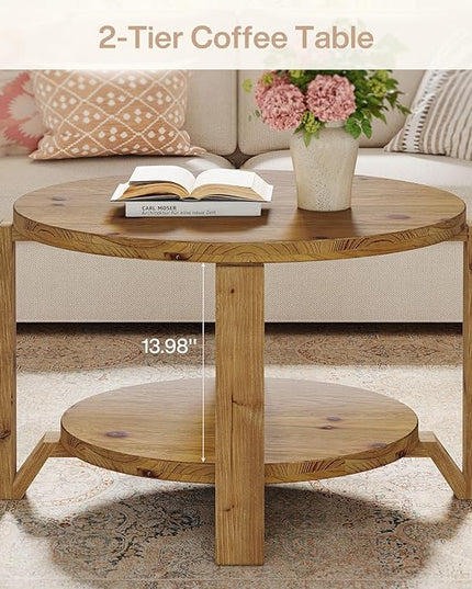 30" Solid Wood Coffee Table, Round Small Coffee Table with 2-Tier Storage for Living Room, Farmhouse Circle Center Accent, Brown Round Solid Wood with Natural Texture Design