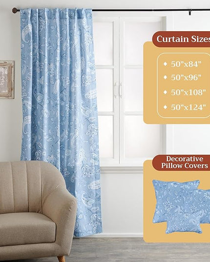 Maison d' Hermine Curtains for Living Room 100% Cotton 108 inch Length One Panel Light Filtering Curtains for Bedroom Windows with Rod and Loop Pockets Drapes (Ramage Steel Blue, 50" W x 108" L)
