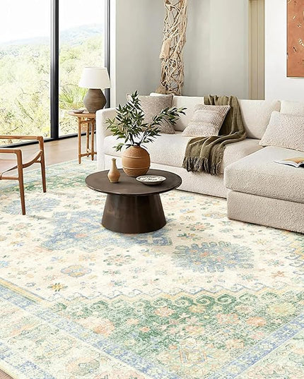 MUJOO 9x12 Area Rug,Washable Rugs for Living Room Bedroom Dining Room,Boho Large Non Slip Throw Carpet Indoor,Low Pile Light Green and Blue