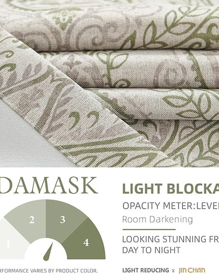 jinchan Sage Green Curtains for Living Room Darkening 84 Inch Length, Linen Textured Medallion Drapes for Bedroom, Damask Pattern Window Treatments Vintage Curtain Panels, 2 Panels Green