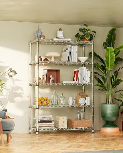 IZEUK 1750LBS Garage Shelving Wide Storage Shelves 5 Tier Metal Shelves Heavy Duty Adjustable Utility Shelf Rack (Chrome, 5 Tier, 15.7" D x 45.3" W x 70.9" H)