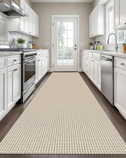 KOZYFLY Long Runners for Hallways 3x12 ft Washable Kitchen Runner Non Slip Rubber Backed Hallway Rugs Cotton Entryway Runner Rug Floor Carpet for Indoor Hall, Backdoor, Kitchen, Ivory/Khaki
