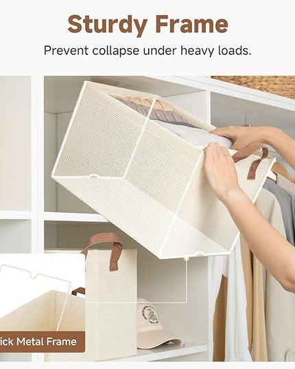 StorageWorks Storage Bins, Shelves Baskets for Organizing, Large Fabric Closet Organizers with Handles, Metal Frame, Beige（Texture）, 2-Pack