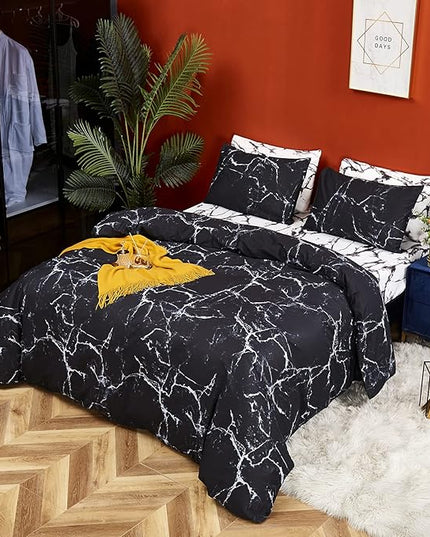 CLOTHKNOW Black White Grey Full Size Comforter Sets Marble Bedding Comforter Sets Soft All Season Black Comforters with 2 x Pillow Cases