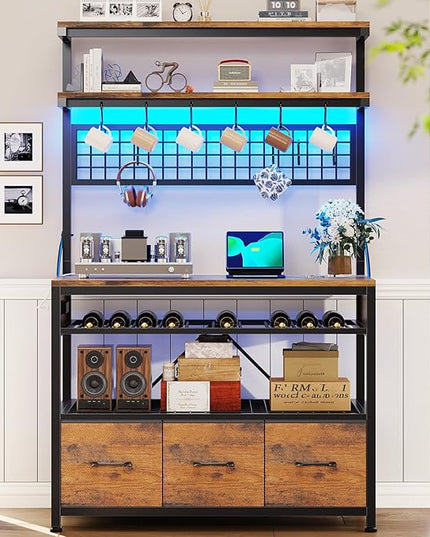 Itaar Bakers Rack with Storage and Power Outlet, 35.4 inch Coffee Bar Cabinet, Microwave Stand Kitchen Cabinet with Hutch, LED Lights, Wine Rack and Hooks, Rustic Brown Rustic Brown