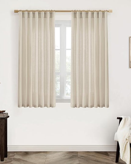 XTMYI Bathroom Window Curtains Short,Linen Sheer Boho Farmhouse Kitchen Curtains 45 Inch Length,Beige