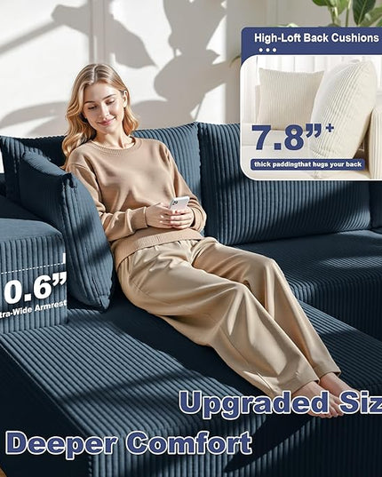 108" Boneless Couches for Living Room, Modular Cloud Couch Sofa - L Shap Corduroy Sectional Sofa, Fluffy Memory Foam Sleeper Sofa Furniture, No Assembly, Wide Armrest, Navy Blue