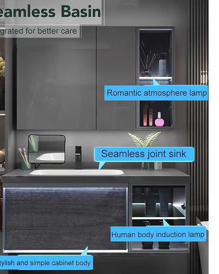44IN Bathroom Vanity - Bathroom Vanity with Sink Combo, Motion Sensor Light Indoor & Transparent Glass Cabinet Doors | Floating Vanity with Grey Storage Cabinet